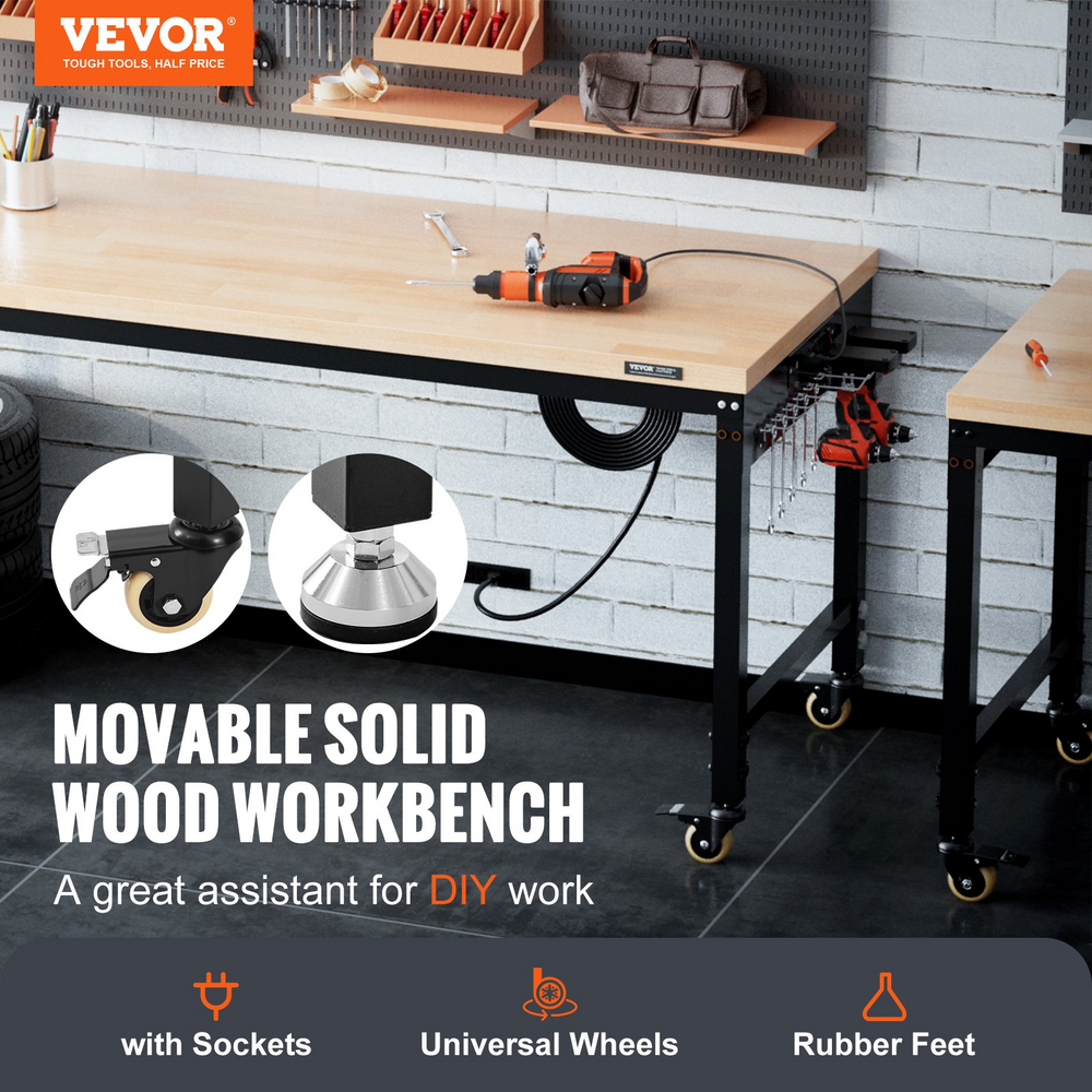 Vevor 48" x 24" Workbench 2000 lbs Load Capacity And 28" to 39.5" Adjustable Height Range Oak Top Steel Frame New