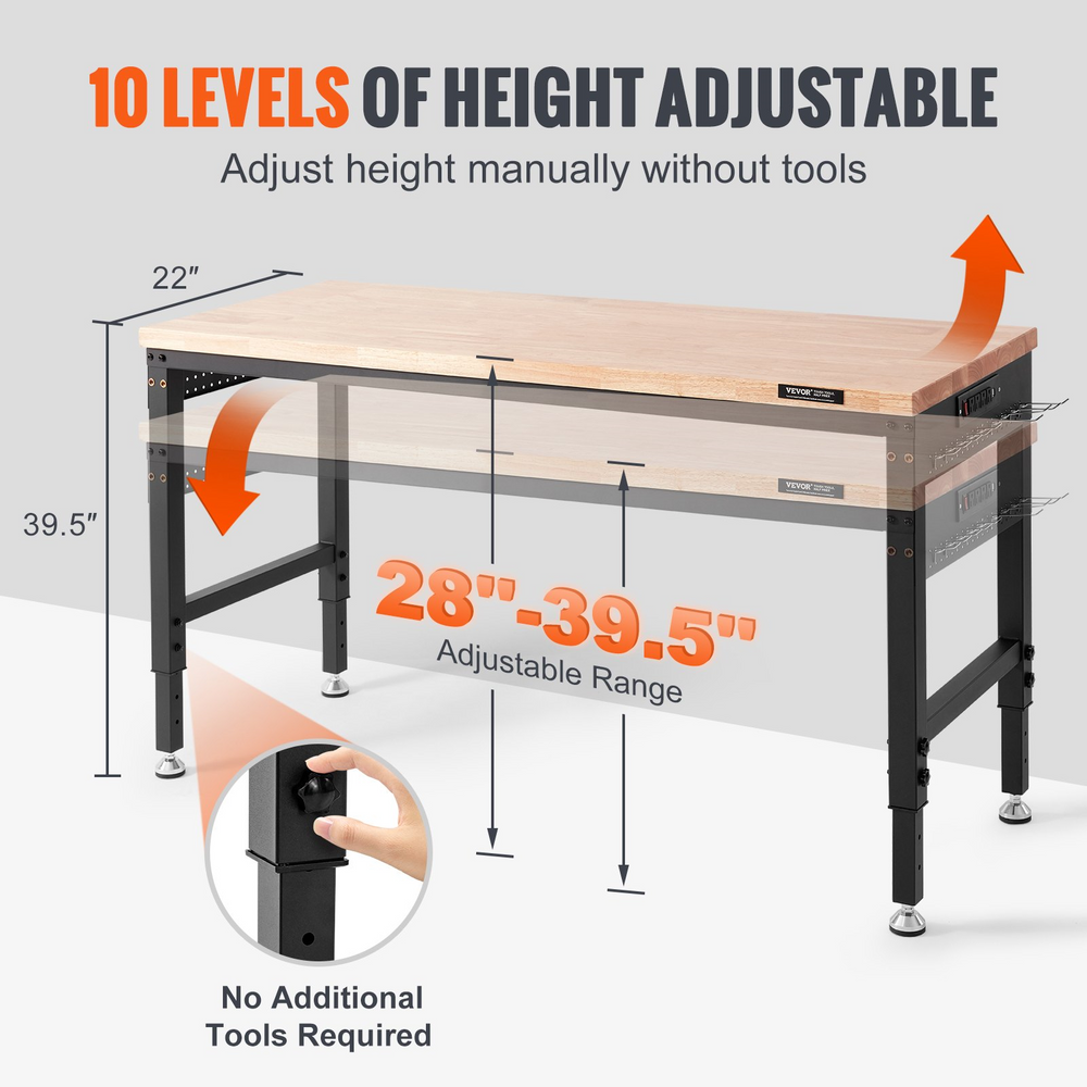 Vevor 60" x 22" Workbench 2000 lbs Load Capacity And 28" to 39.5" Adjustable Height Range Oak Top Steel Frame New