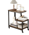 G-shaped 3-tier mobile end table in rustic brown with open shelves, perfect for living room or bedside storage.