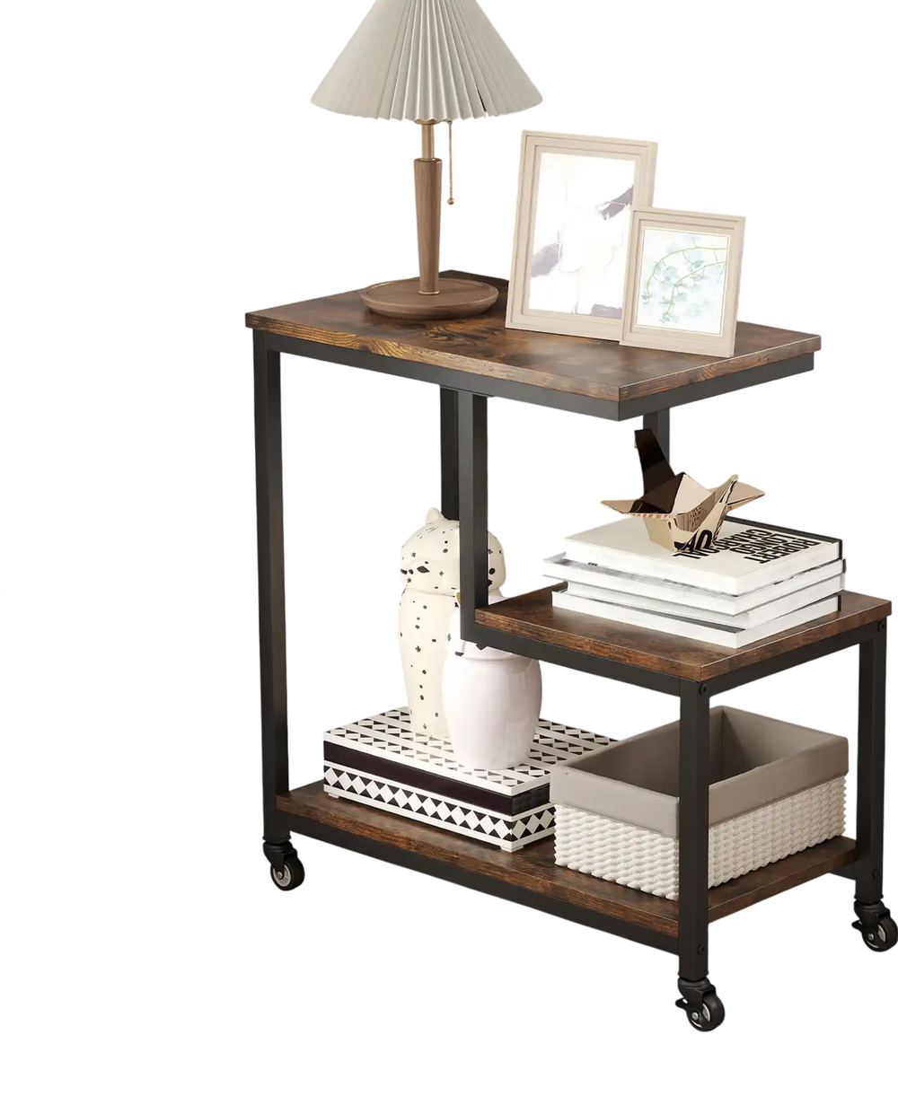 G-shaped 3-tier mobile end table in rustic brown with open shelves, perfect for living room or bedside storage.