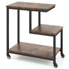 G-shaped 3-tier mobile end table in rustic brown with open shelves and casters, ideal for living room or office use.