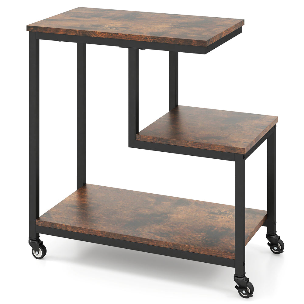 G-shaped 3-tier mobile end table in rustic brown with open shelves and casters, ideal for living room or office use.
