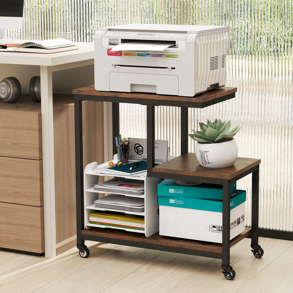 G-shaped 3-tier mobile end table in rustic brown with open shelves, perfect for a printer or plant stand.