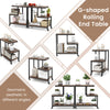 G-shaped 3-tier mobile end table in rustic brown with open shelves, ideal for living room or office use.