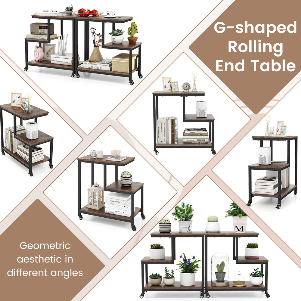 G-shaped 3-tier mobile end table in rustic brown with open shelves, ideal for living room or office use.