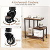 G-shaped side table with 3 tiers and 4 universal casters, featuring a rustic brown finish for versatile use.
