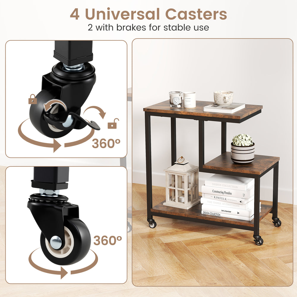 G-shaped side table with 3 tiers and 4 universal casters, featuring a rustic brown finish for versatile use.