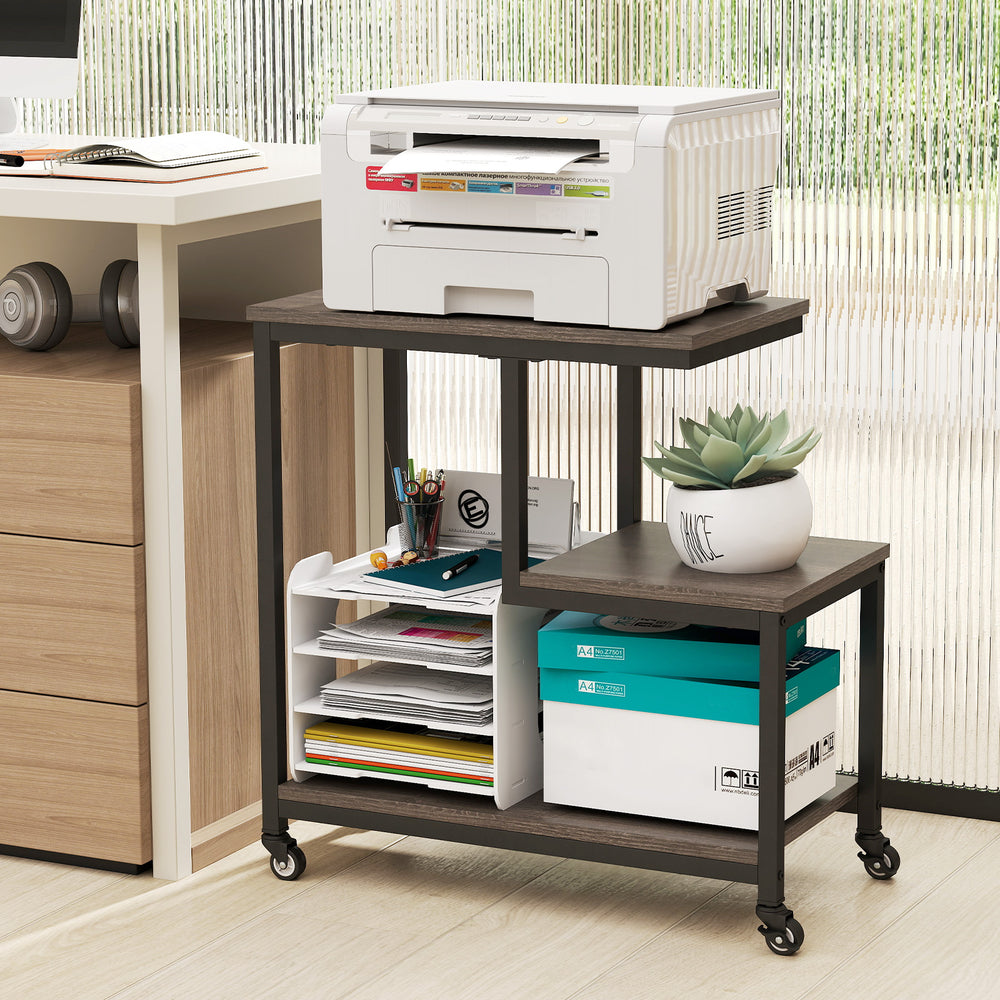 G-shaped Side Table 3-Tier Mobile End Table with Open Shelves-Gray - Gallery View 1 of 10