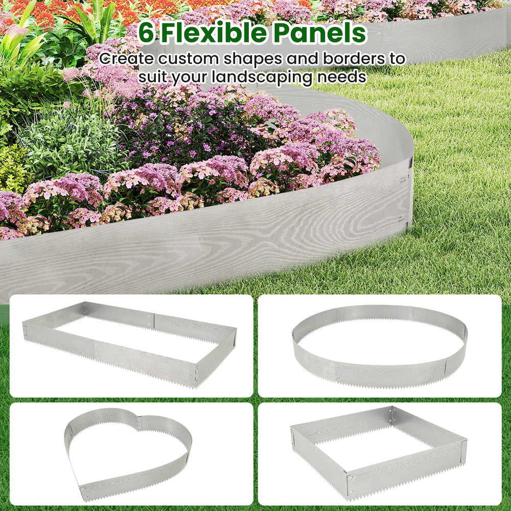 Flexible galvanized metal landscape edging panels for custom shapes, ideal for garden beds and borders, easy to install.