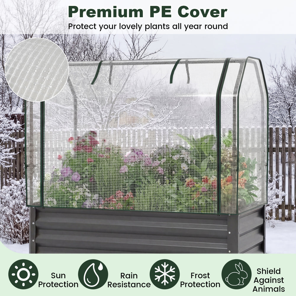 Galvanized raised garden bed with PE cover, providing sun, rain, and frost protection for elevated plant growth.