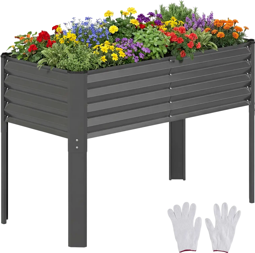 Galvanized raised garden bed with legs, 46" x 24" x 31", filled with colorful flowers for elevated planting.