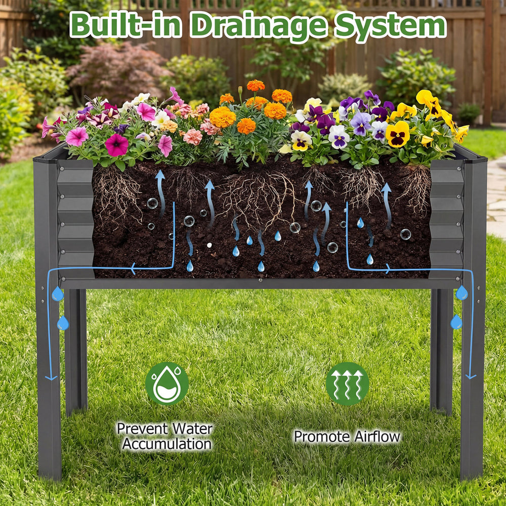 Galvanized raised garden bed with legs, 46"x24"x31", featuring built-in drainage system for optimal plant growth.