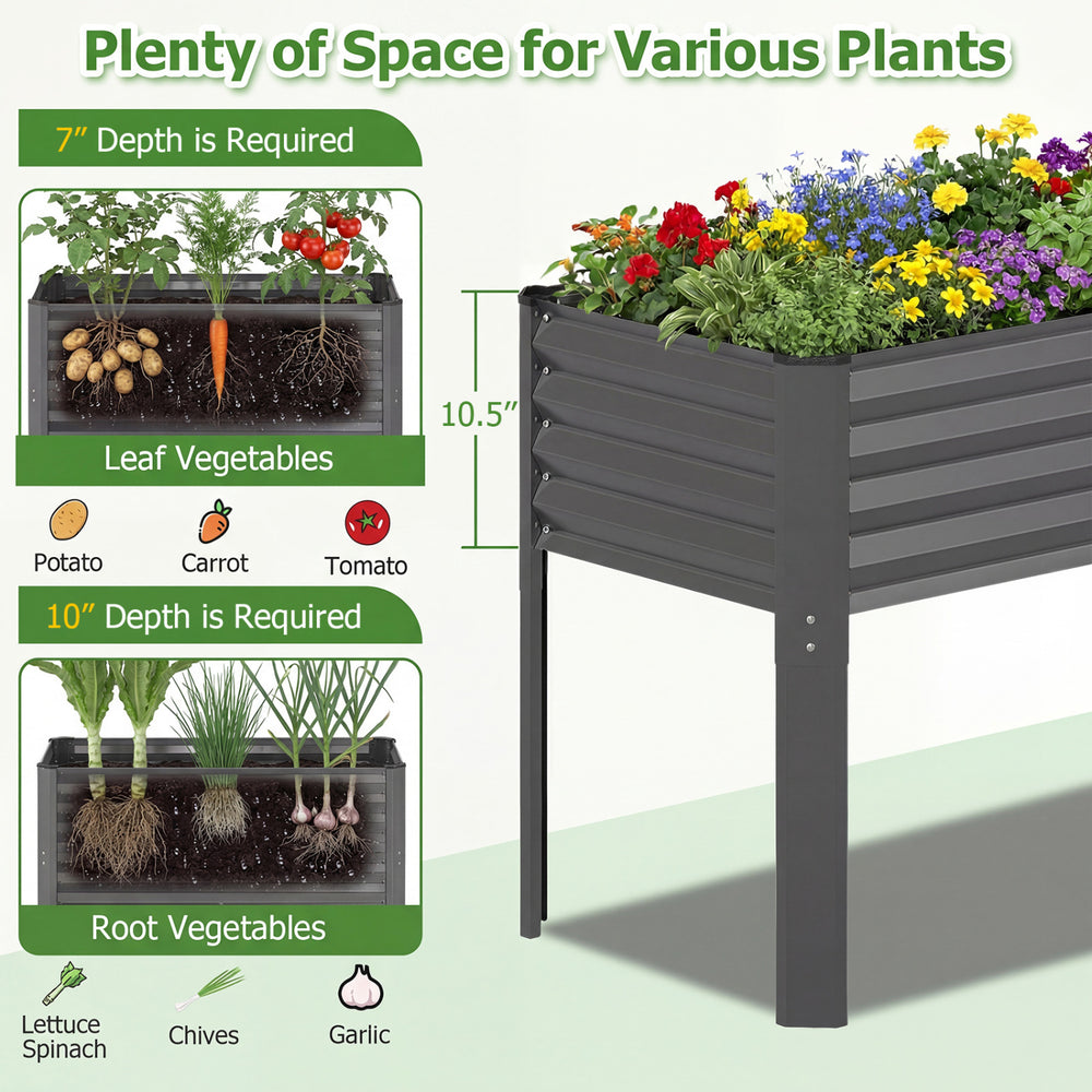 Galvanized raised garden bed with legs, 10.5" depth, suitable for various plants, ideal for elevated gardening.