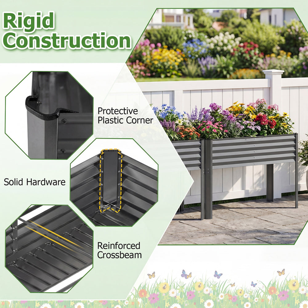 Galvanized raised garden bed with legs, featuring a rigid construction, protective corners, and reinforced crossbeam.