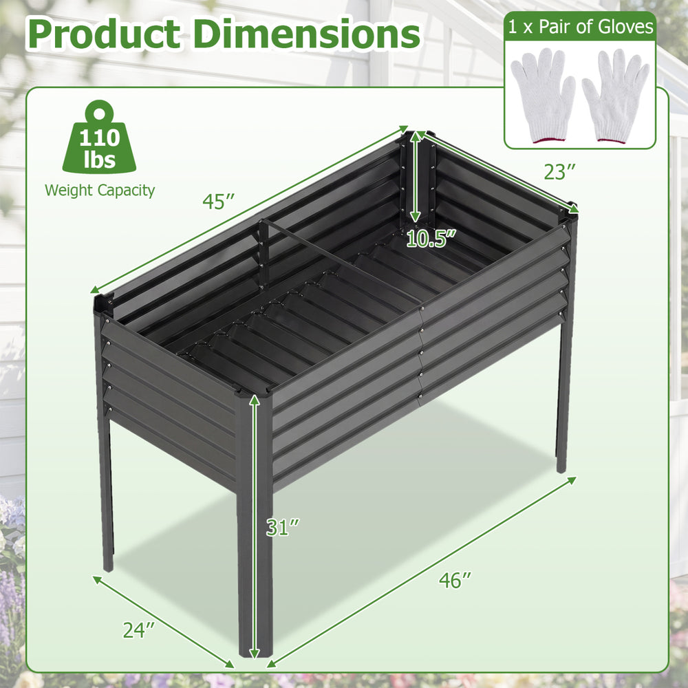 Galvanized raised garden bed with legs, 46" x 24" x 31", featuring a 10.5" depth for various plants and ergonomic.
