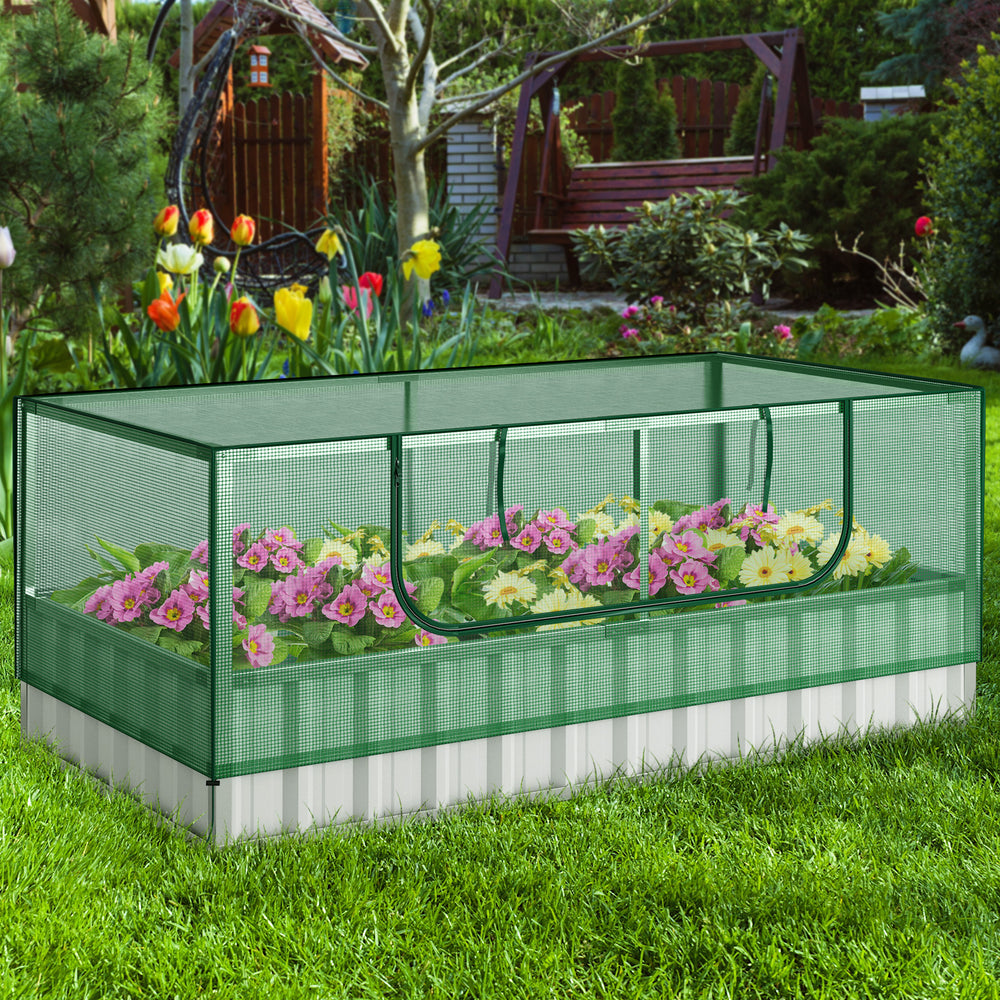 Galvanized raised garden bed with green greenhouse cover, featuring flowers, UV protection, and weather-resistant.