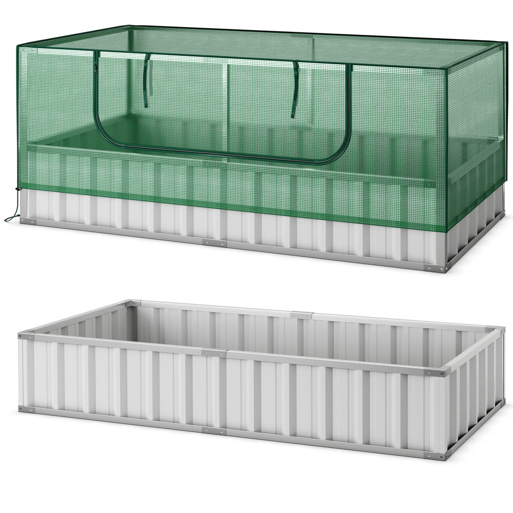 Galvanized raised garden bed with a weather-resistant PE grid cover, ideal for growing plants or as a mini greenhouse.