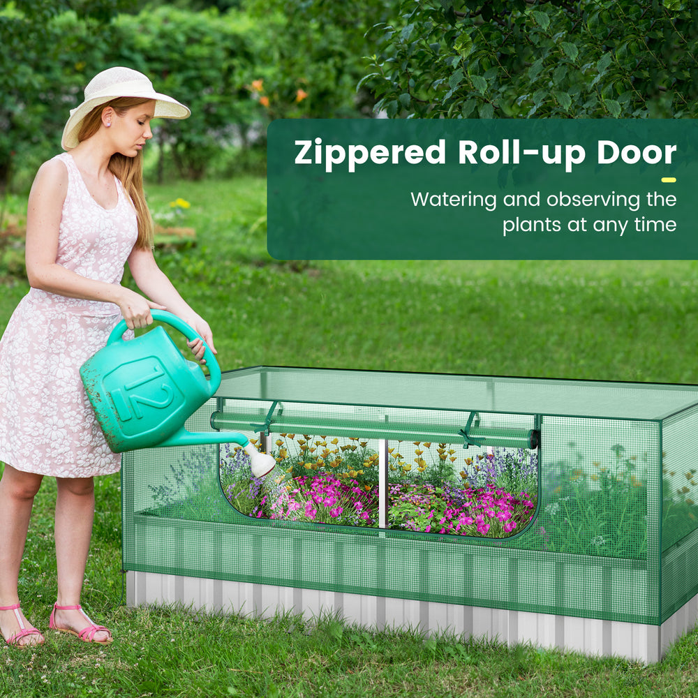 Zippered roll-up door of the galvanized raised garden bed with greenhouse cover, ideal for watering and observing.