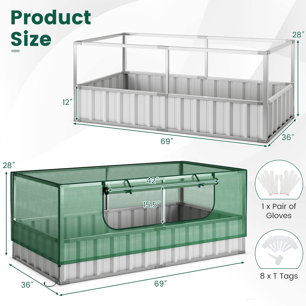 Galvanized raised garden bed with greenhouse cover, featuring a zippered door and weather-resistant PE grid for plant.