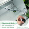 Close-up of the metal chicken feeder showing drainage holes and stoppers, designed for easy cleaning and food freshness.