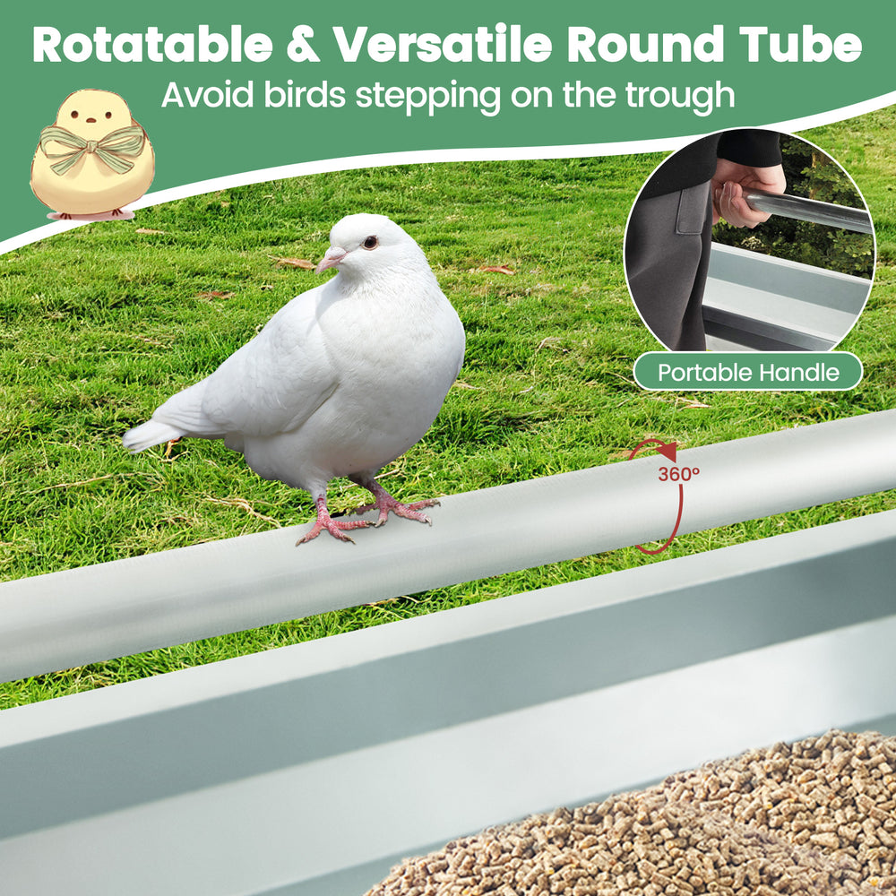Metal chicken feeder with rotatable round tube, 4-gallon capacity, and drainage holes for easy cleaning and food.