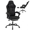 Gaming chair in black with adjustable height, headrest, and retractable footrest for ergonomic support during gaming.