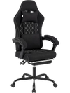 Height adjustable gaming chair in black with ergonomic design, headrest, and lumbar support for optimal comfort.