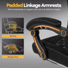 Padded linkage armrests of the black gaming chair adjust for optimal arm support during work and rest.