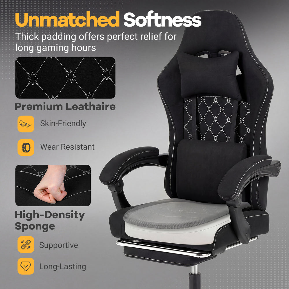 Gaming chair with adjustable height, headrest, and lumbar support, featuring premium leathaire for long gaming hours.