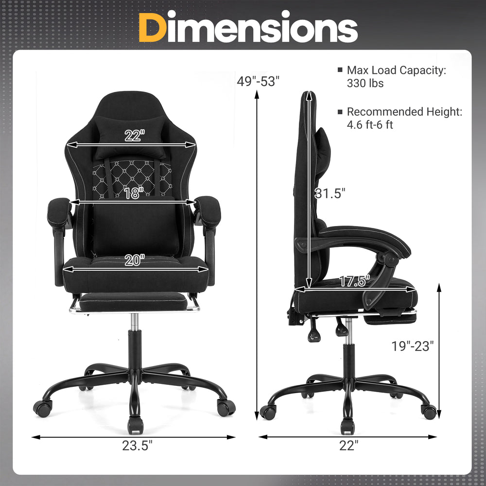 Gaming chair dimensions showing adjustable height, ergonomic design, and lumbar support for optimal comfort during.