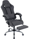 Gray gaming chair with adjustable height, headrest, lumbar support, and retractable footrest for optimal comfort.