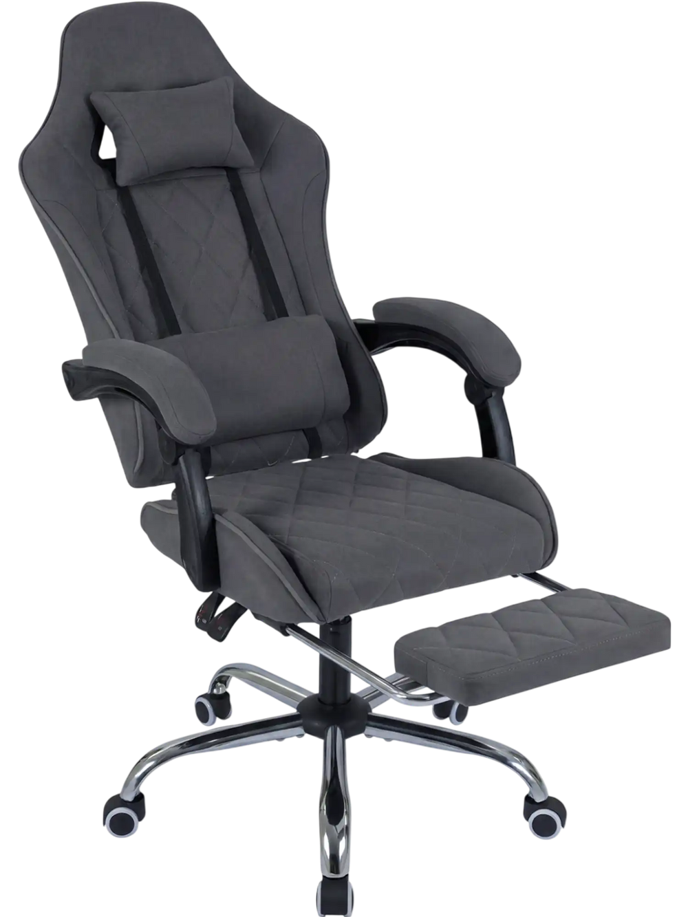 Gray gaming chair with adjustable height, headrest, lumbar support, and retractable footrest for optimal comfort.
