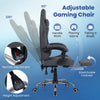 Adjustable gray gaming chair with headrest, lumbar support, and retractable footrest for optimal comfort during gaming.