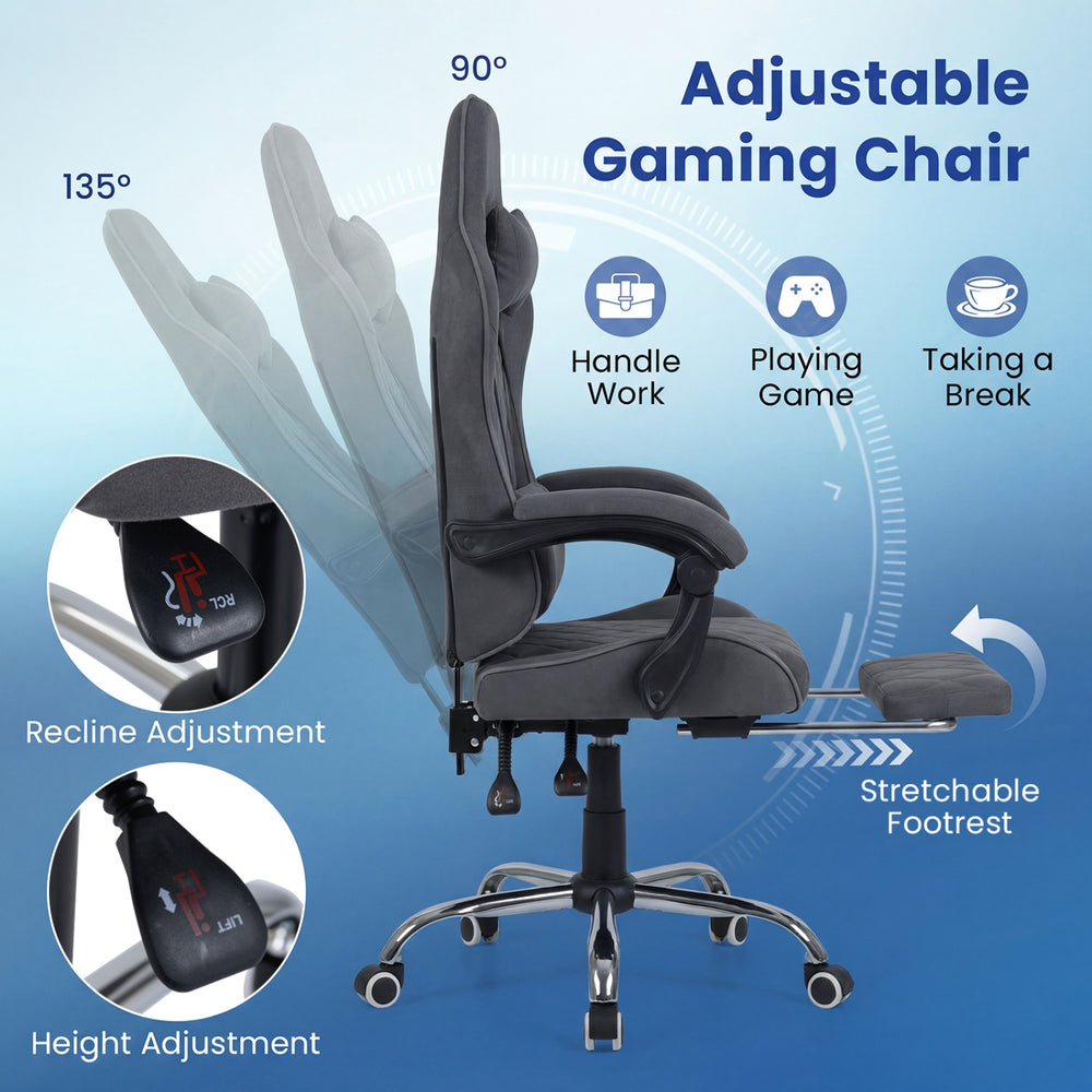 Adjustable gray gaming chair with headrest, lumbar support, and retractable footrest for optimal comfort during gaming.