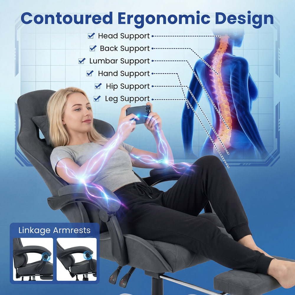 Gaming chair with ergonomic design, headrest, lumbar support, and adjustable features for optimal comfort during gaming.