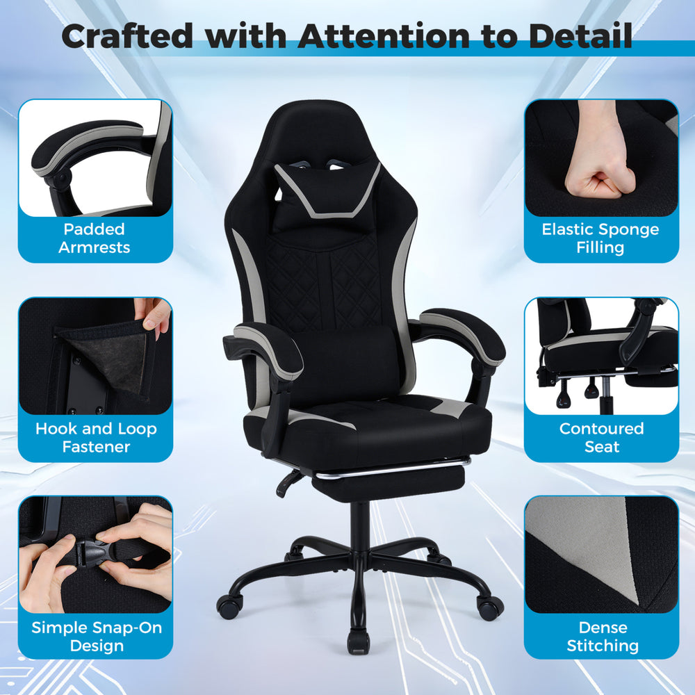 Gaming chair with adjustable height, headrest, footrest, and 360° swivel seat, designed for comfort during long gaming.