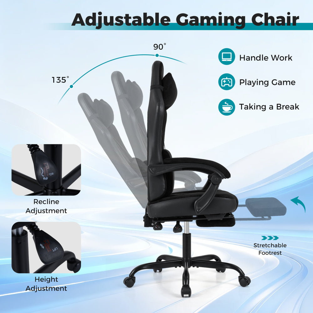Height adjustable gaming chair with headrest, lumbar support, and retractable footrest for optimal comfort during.