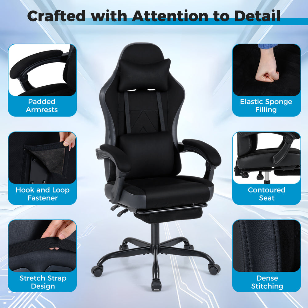 Gaming chair with adjustable height, padded armrests, and lumbar support, designed for comfort during long gaming.