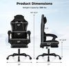 Gaming chair dimensions showing height adjustment, lumbar support, and ergonomic design for optimal comfort.