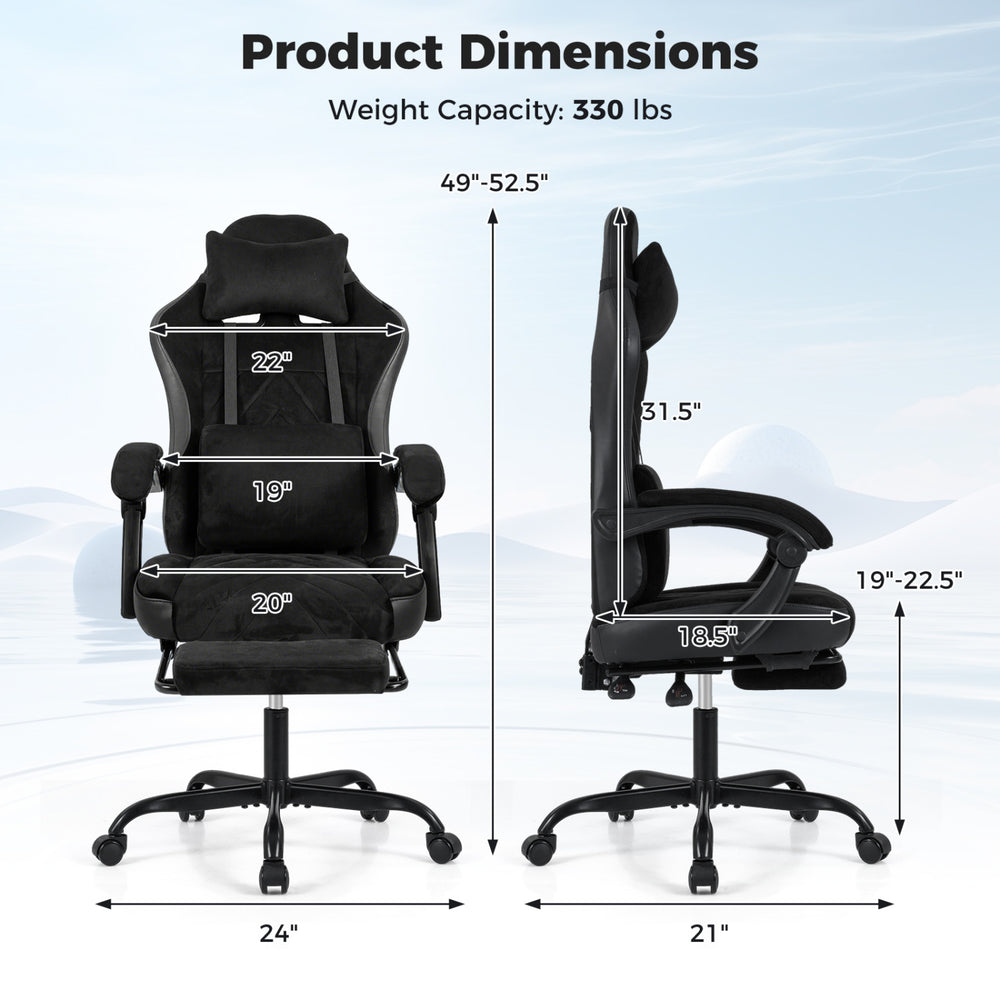 Gaming chair dimensions showing height adjustment, lumbar support, and ergonomic design for optimal comfort.