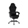 Height adjustable black gaming chair with headrest, lumbar support, and retractable footrest for optimal comfort.