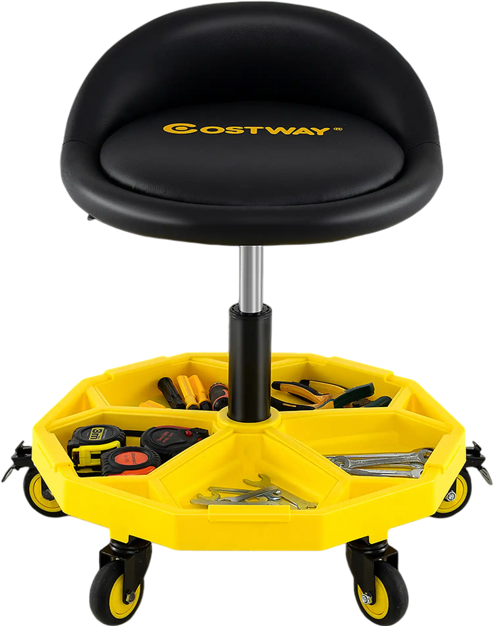 Height adjustable rolling garage stool in yellow with tool tray storage, ideal for garage or repair shop use.