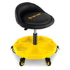 Height adjustable rolling garage stool in yellow with tool tray storage, padded seat, and 5 universal wheels for easy.