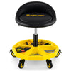 Height adjustable rolling garage stool with tool tray storage, yellow, features padded seat and universal wheels for.