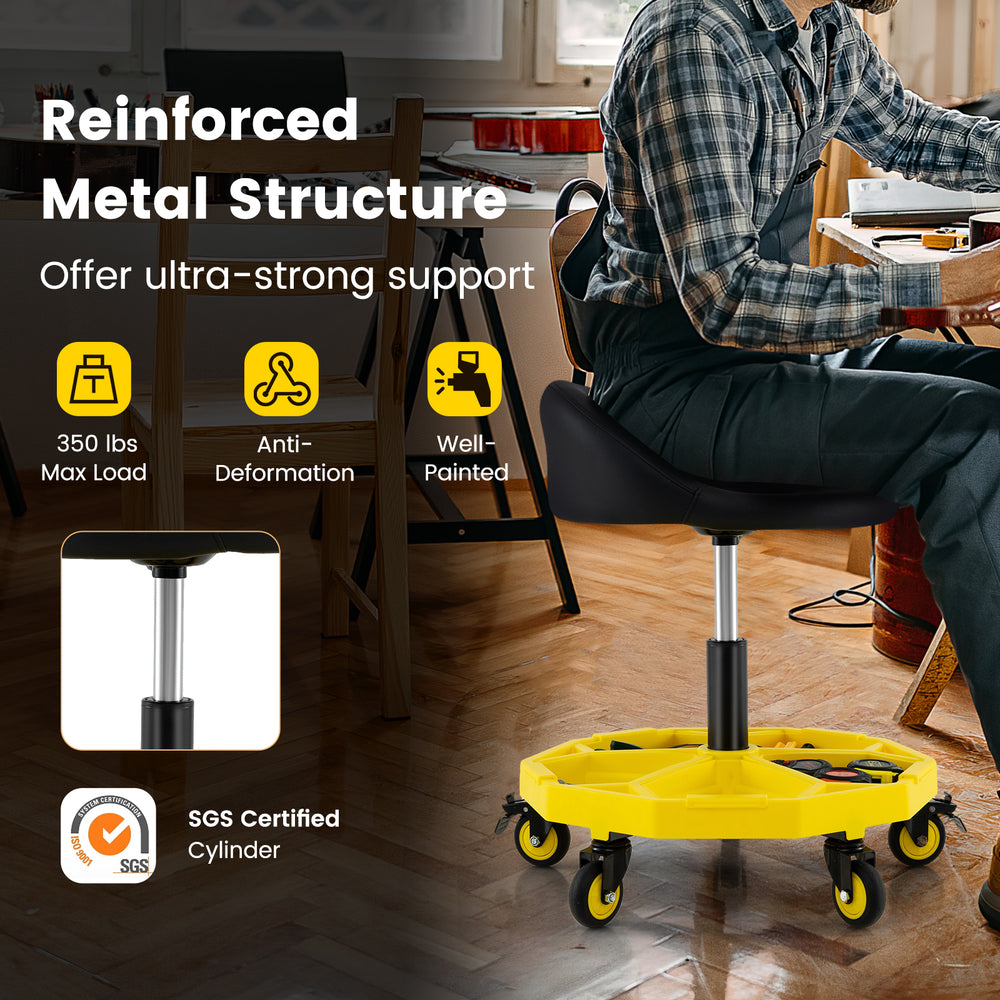 Height adjustable yellow rolling garage stool with tool tray, 350 lbs capacity, and comfortable padded seat for.