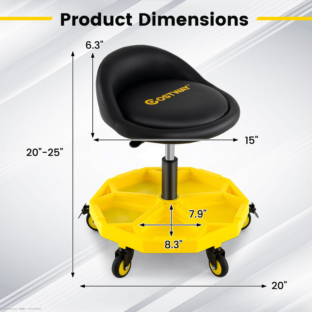 Height adjustable rolling garage stool in yellow, featuring a padded seat and detachable tool trays for organized.