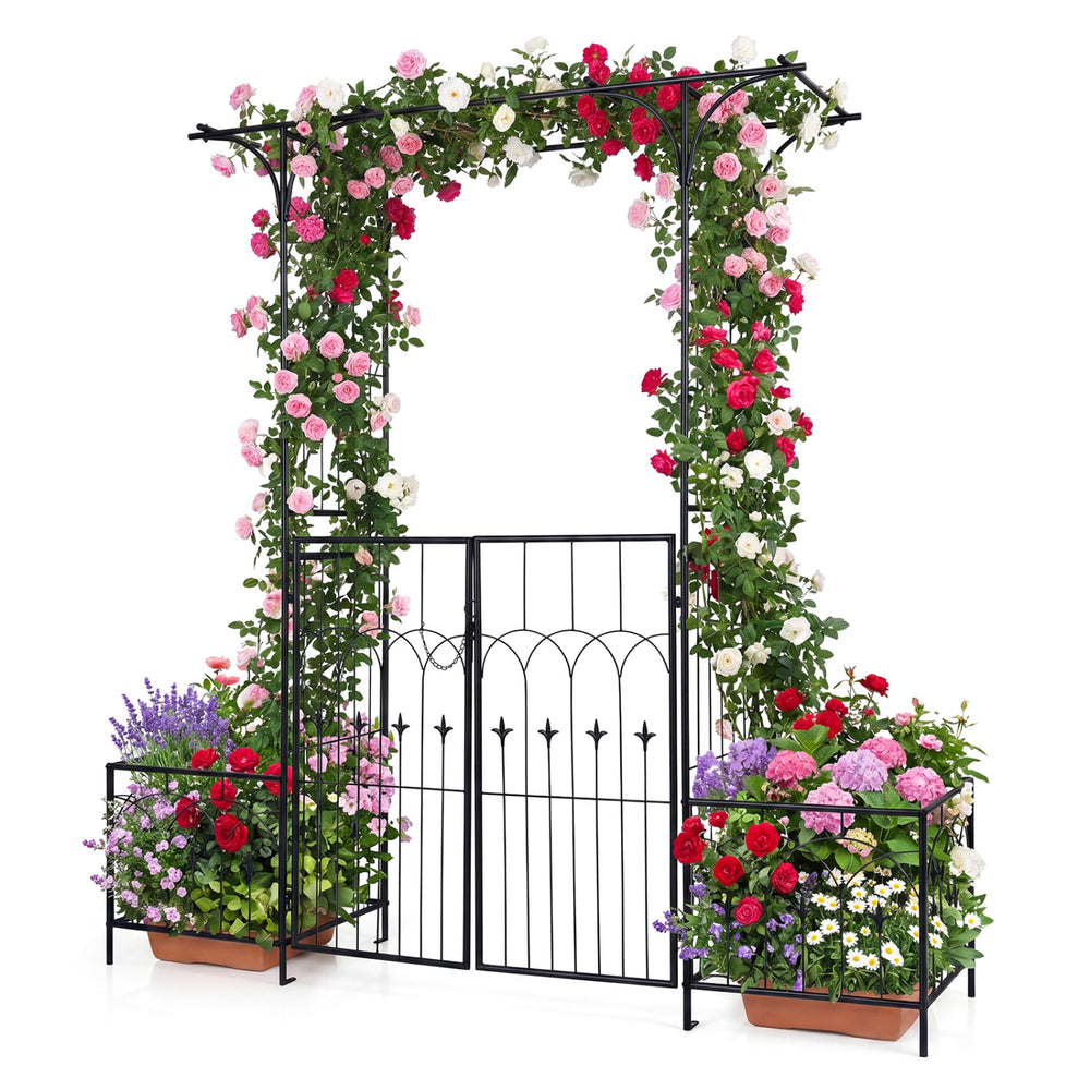 Garden arbor with a decorative gate and two planter boxes, showcasing vibrant flowers and a sturdy metal frame for.
