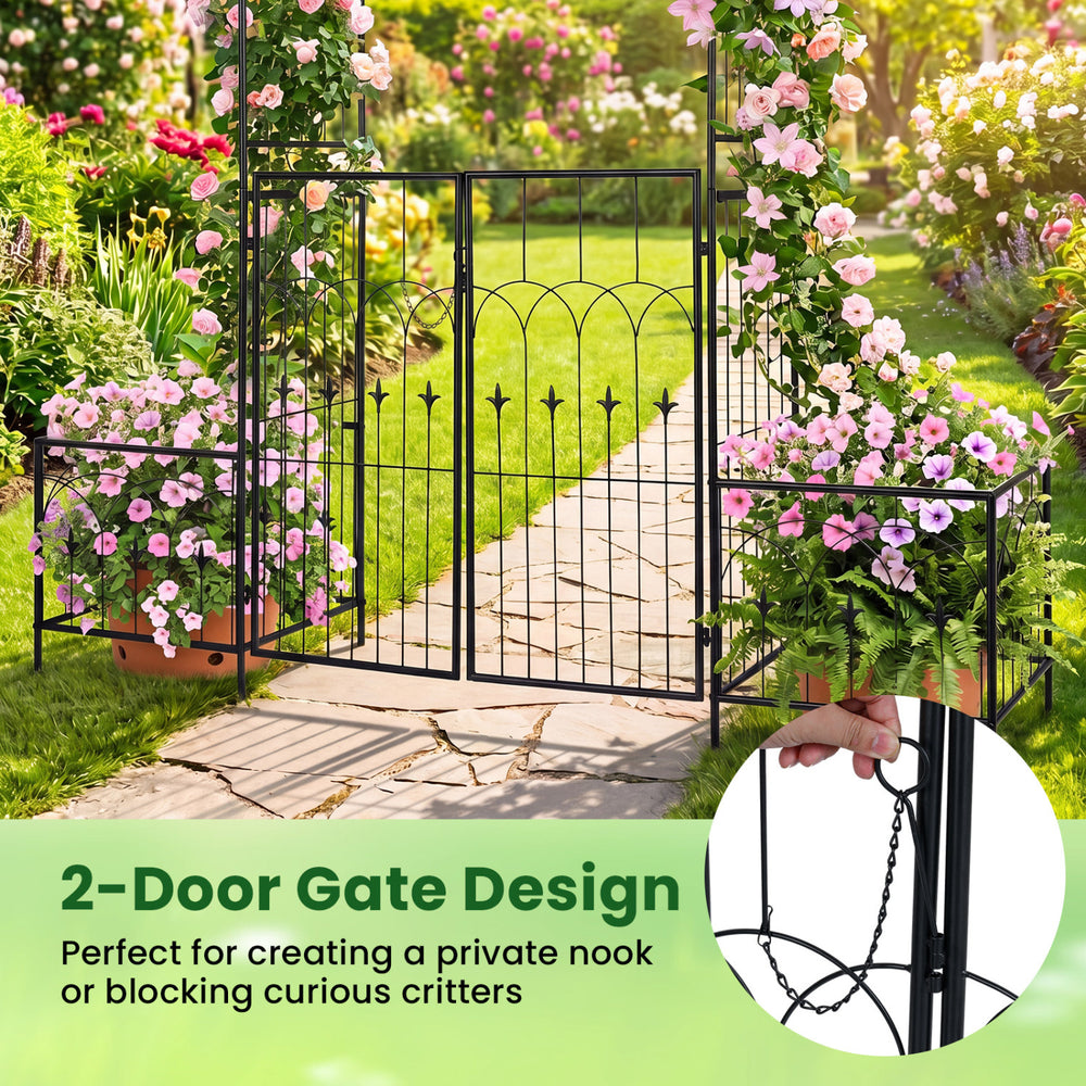 Garden arbor with double-door gate and planter boxes, featuring a sturdy metal frame for garden pathways and.