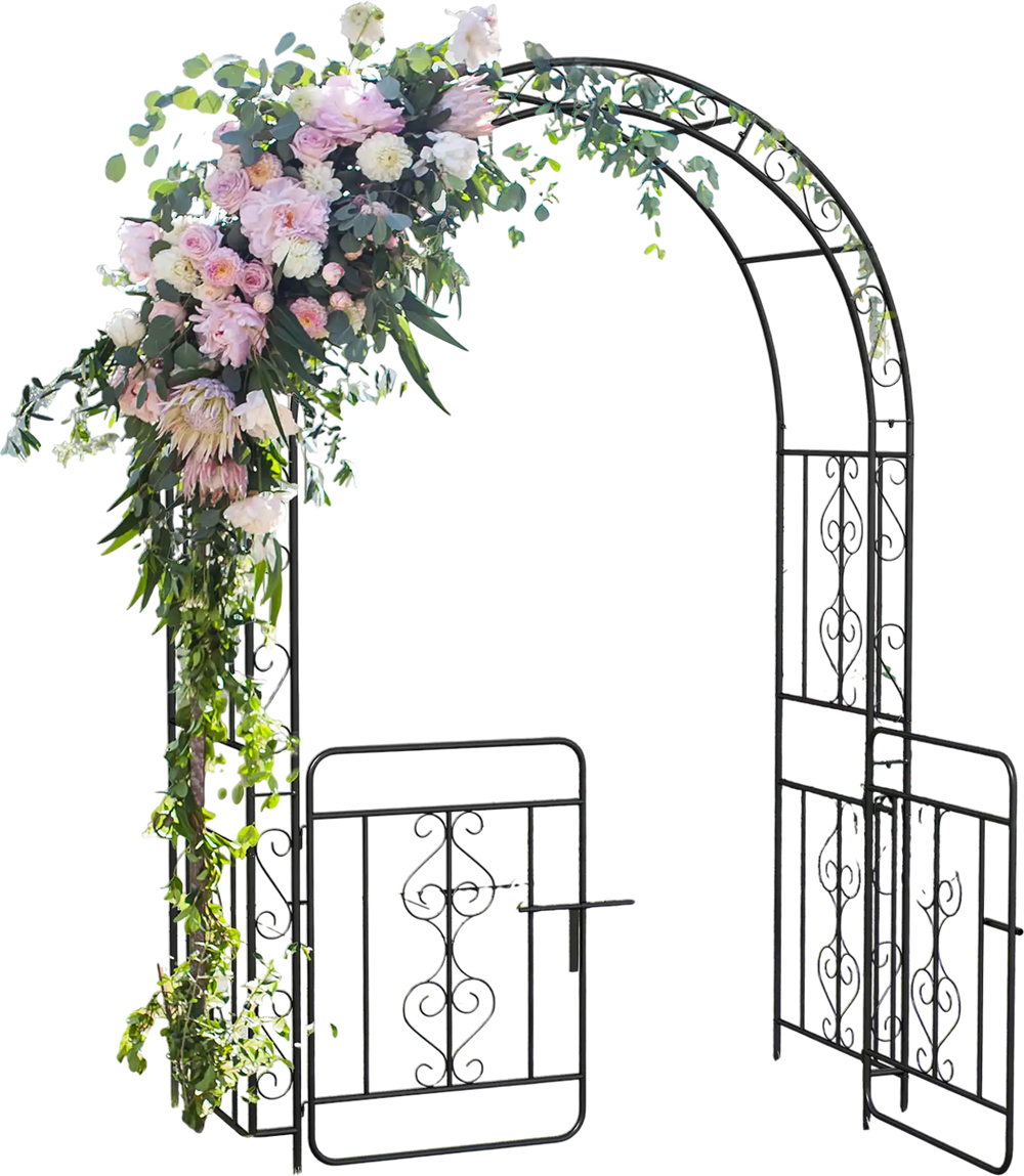 Black garden arbor with gate, featuring elegant flower decoration and reinforced crossbars for stability in outdoor.