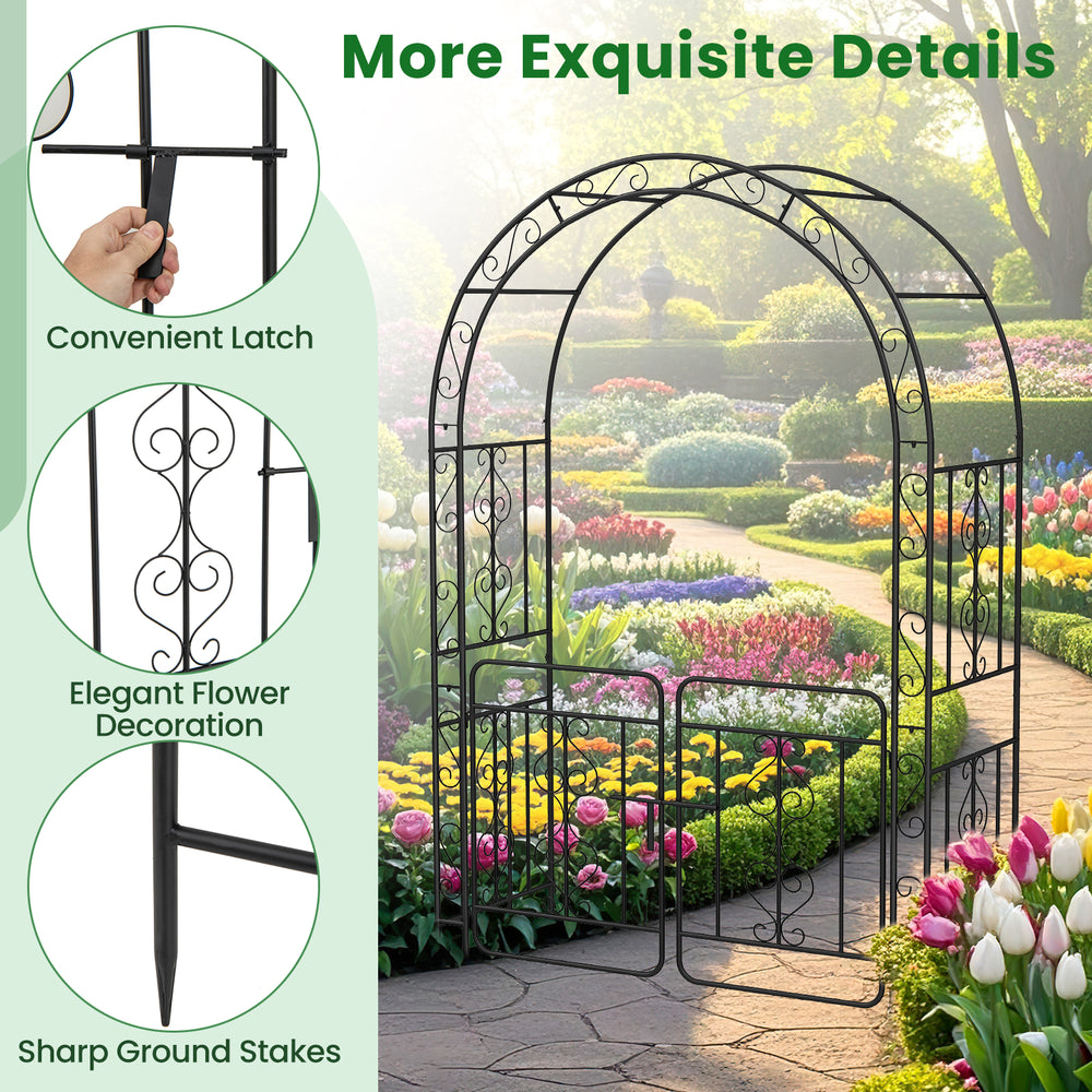 Garden arbor with gate featuring elegant flower decoration, convenient latch, and 4 sharp ground stakes for stability.